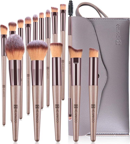 Pinceaux Maquillages, Lot De 15 Set Pinceaux Maquillage Professionnel Avec Trousse En Cuir PU, Kit Pinceau Maquillage Champagne Doré Trousse Makeup Brushes Pour Fond De Teint Mélange De Poudre